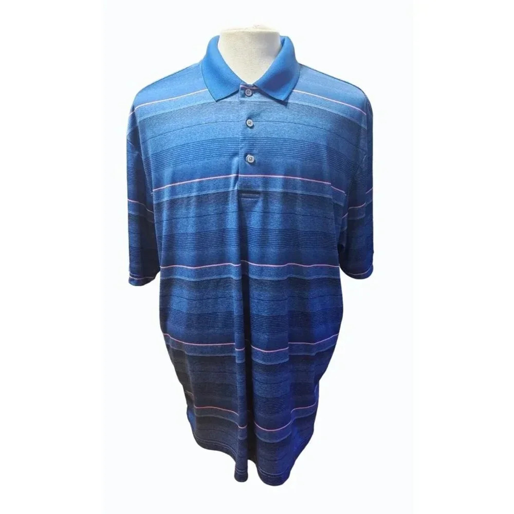 PGA Tour Men Large Blue Polo Collar 100% Polyester Short Sleeves Striped Shirt